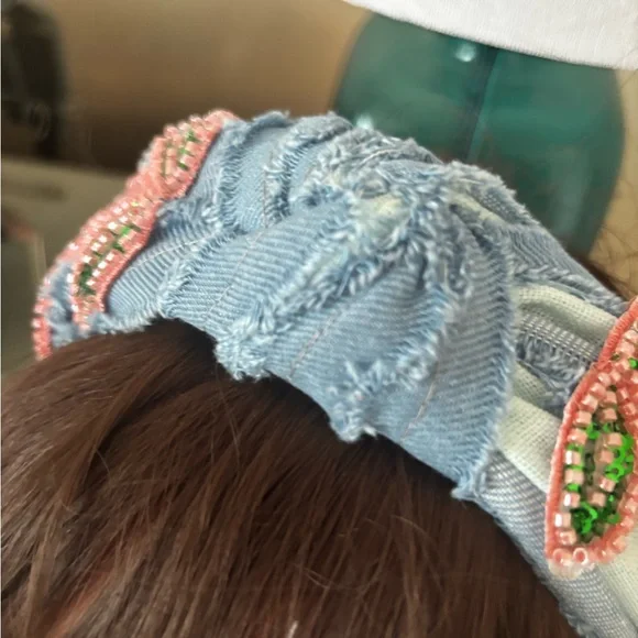 Beaded Distressed Light Denim Headband with Cherry Design - Picture 4 of 4